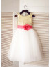 Gold Sequin Ivory Tulle With Coral Flower Sash Knee Length Flower Girl Dress